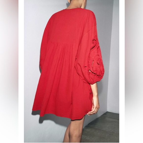 New ZARA Scarlet Embroidered V-neck Dress - Picture 4 of 8